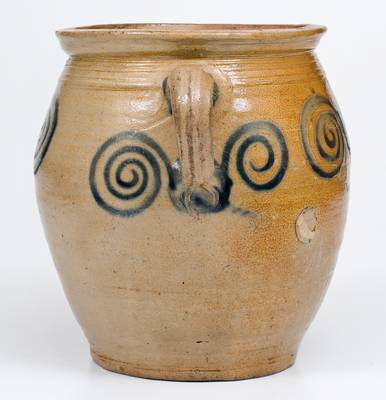 Very Fine Vertical-Handled Stoneware Jar w/ Watchspring Design, Manhattan or Cheesequake, NJ, 18th century