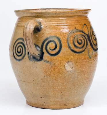 Very Fine Vertical-Handled Stoneware Jar w/ Watchspring Design, Manhattan or Cheesequake, NJ, 18th century