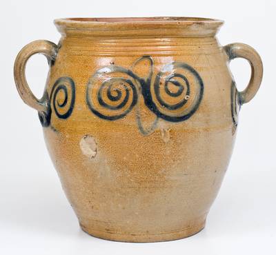 Very Fine Vertical-Handled Stoneware Jar w/ Watchspring Design, Manhattan or Cheesequake, NJ, 18th century