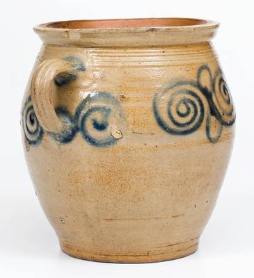 Very Fine Vertical-Handled Stoneware Jar w/ Watchspring Design, Manhattan or Cheesequake, NJ, 18th century