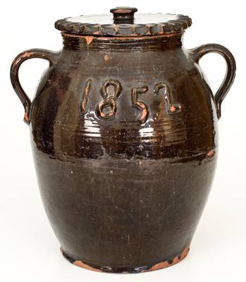 Very Rare Open-Handled Redware Lidded Jar Dated 1852 in Relief, att. Thorn Pottery, Crosswicks, New Jersey