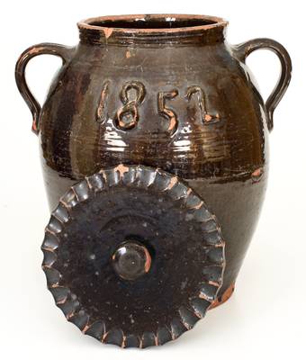 Very Rare Open-Handled Redware Lidded Jar Dated 1852 in Relief, att. Thorn Pottery, Crosswicks, New Jersey