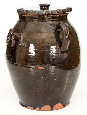 Very Rare Open-Handled Redware Lidded Jar Dated 1852 in Relief, att. Thorn Pottery, Crosswicks, New Jersey