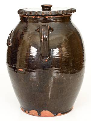 Very Rare Open-Handled Redware Lidded Jar Dated 1852 in Relief, att. Thorn Pottery, Crosswicks, New Jersey