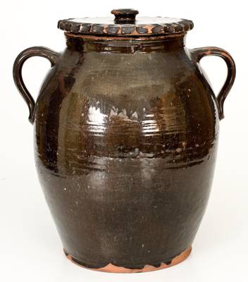 Very Rare Open-Handled Redware Lidded Jar Dated 1852 in Relief, att. Thorn Pottery, Crosswicks, New Jersey