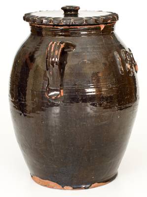 Very Rare Open-Handled Redware Lidded Jar Dated 1852 in Relief, att. Thorn Pottery, Crosswicks, New Jersey