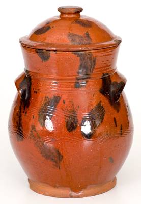 Norwalk, Connecticut Redware Lidded Jar with Manganese Splotches