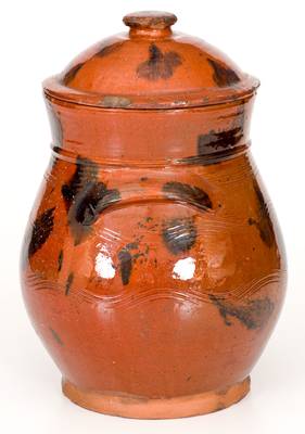 Norwalk, Connecticut Redware Lidded Jar with Manganese Splotches
