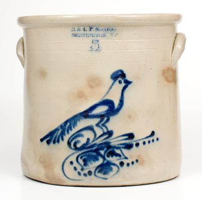 5 Gal. E. & L. P. NORTON / BENNINGTON, VT Stoneware Crock w/ Bird Decoration