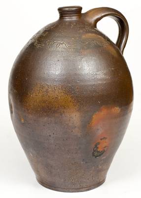 2 Gal. Stoneware RUM Jug w/ Coggled Bird Decoration att. Branch Green, Philadelphia, PA