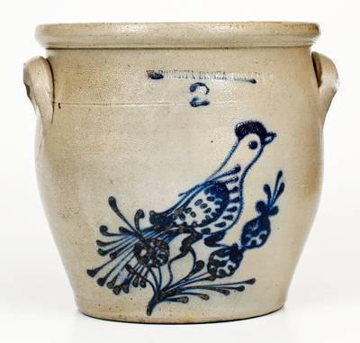 2 Gal. W. ROBERTS / BINGHAMTON, NY Stoneware Jar with Slip-Trailed Bird Decoration