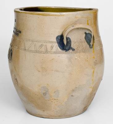 Very Rare O.S. CADWELL / HARTFORD Stoneware Jar w/ Impressed Eagle and Coggled Designs