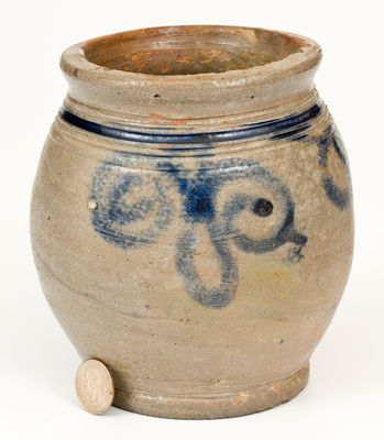 Exceptional Small-Sized NY / NJ Stoneware Jar w/ Watch Spring Design, 18th century