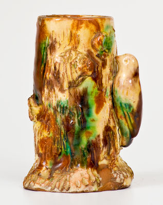 Unusual Stump-Form Redware Match Safe w/ Applied Bird, American or European, late 19th century