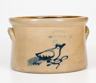 Scarce Six-Quart HAXSTUN & CO. / FORT EDWARD, N.Y. Stoneware Cake Crock w/ Bird Decoration