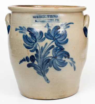 Four-Gallon COWDEN & WILCOX / HARRISBURG, PA Stoneware Jar w/ Elaborate Floral Decoration