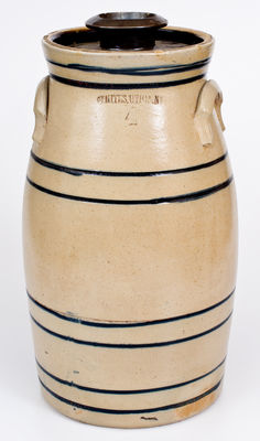 Four-Gallon WHITES UTICA Stoneware Churn with Cobalt Banding