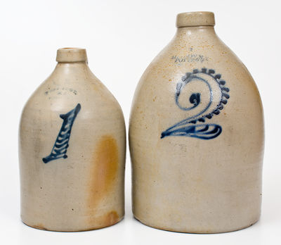 Two Stoneware Jugs w/ Cobalt Numeral Decorations, NY State origin, circa 1870-1875