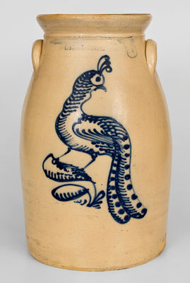 Exceptional HUBBELL & CHESEBRO, / GEDDES, N.Y (Syracuse) Stoneware Churn w/ Elaborate Cobalt Peacock Decoration