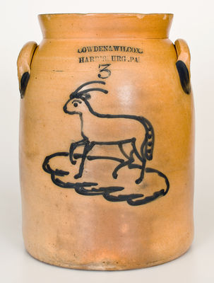 Exceedingly Rare COWDEN & WILCOX / HARRISBURG, PA 3 Stoneware Jar with Goat Decoration