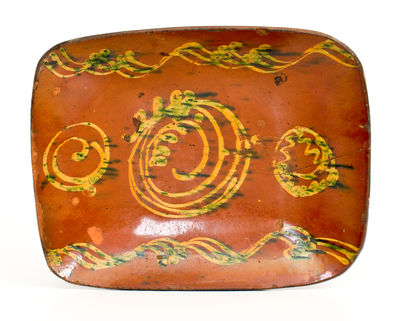 Fine att. Absalom Day, Norwalk, CT Redware Loaf Dish w/ Elaborate Copper Slip Decoration