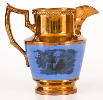 Copper Luster Andrew Jackson Pitcher, attrib. Enoch Wood & Sons, Burslem, England, c1820's