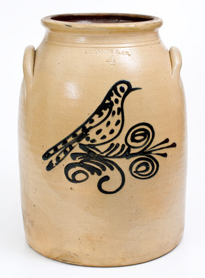 Rare Four-Gallon EDMANDS (Charlestown / Boston, MA) Stoneware Jar w/ Black-Slip Bird Design