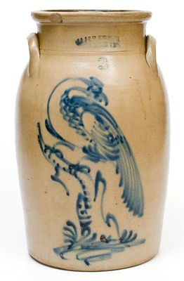 J A & C W UNDERWOOD / FORT EDWARD, N.Y. Stoneware Churn w/ Pheasant-on-Stump, c1865-67