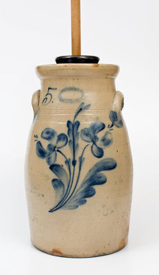 Five-Gallon J. FISHER / LYONS, N.Y. Stoneware Churn w/ Cobalt Floral Decoration