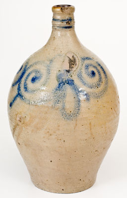 18th Century Stoneware Jug with Cobalt Watch Spring Decoration, probably American