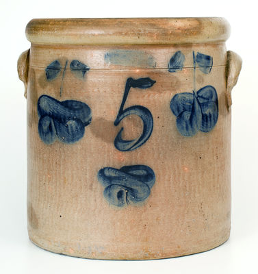 Five-Gallon Roseville, Ohio Stoneware Crock with Cobalt Apple Decoration