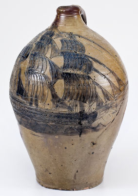 Exceedingly Important Stoneware Jug w/ Elaborate Incised Ship Decoration, probably Crolius Family, New York City, 18th century
