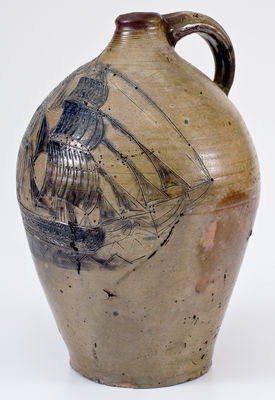 Exceedingly Important Stoneware Jug w/ Elaborate Incised Ship Decoration, probably Crolius Family, New York City, 18th century