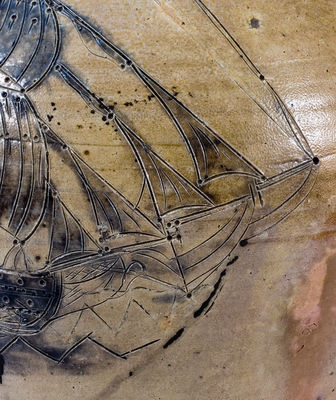 Exceedingly Important Stoneware Jug w/ Elaborate Incised Ship Decoration, probably Crolius Family, New York City, 18th century