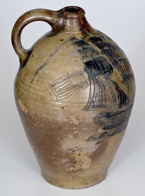 Exceedingly Important Stoneware Jug w/ Elaborate Incised Ship Decoration, probably Crolius Family, New York City, 18th century