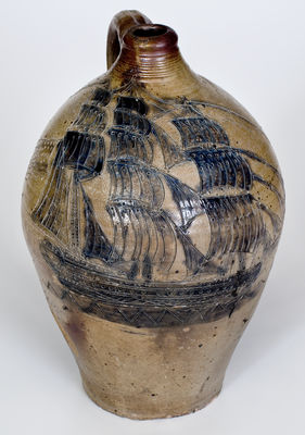Exceedingly Important Stoneware Jug w/ Elaborate Incised Ship Decoration, probably Crolius Family, New York City, 18th century