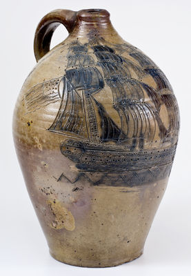 Exceedingly Important Stoneware Jug w/ Elaborate Incised Ship Decoration, probably Crolius Family, New York City, 18th century