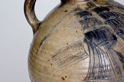 Exceedingly Important Stoneware Jug w/ Elaborate Incised Ship Decoration, probably Crolius Family, New York City, 18th century