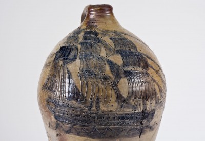 Exceedingly Important Stoneware Jug w/ Elaborate Incised Ship Decoration, probably Crolius Family, New York City, 18th century