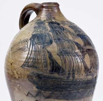 Exceedingly Important Stoneware Jug w/ Elaborate Incised Ship Decoration, probably Crolius Family, New York City, 18th century