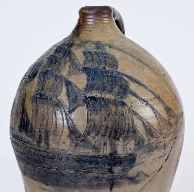 Exceedingly Important Stoneware Jug w/ Elaborate Incised Ship Decoration, probably Crolius Family, New York City, 18th century