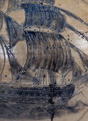 Exceedingly Important Stoneware Jug w/ Elaborate Incised Ship Decoration, probably Crolius Family, New York City, 18th century