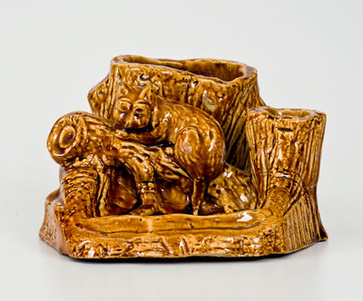 Exceptional Fulper Pottery Rockingham Raccoon Match Holder, "MADE / BY / A.H. Prall /1903" (New Jersey)