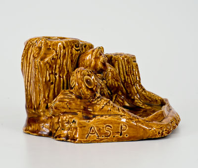 Exceptional Fulper Pottery Rockingham Raccoon Match Holder, "MADE / BY / A.H. Prall /1903" (New Jersey)