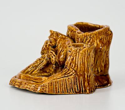 Exceptional Fulper Pottery Rockingham Raccoon Match Holder, "MADE / BY / A.H. Prall /1903" (New Jersey)