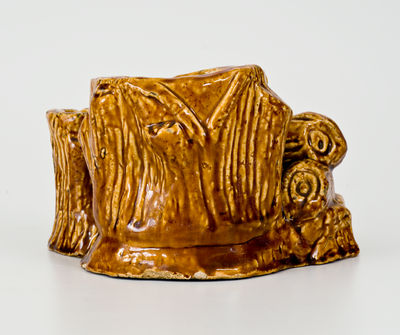 Exceptional Fulper Pottery Rockingham Raccoon Match Holder, "MADE / BY / A.H. Prall /1903" (New Jersey)