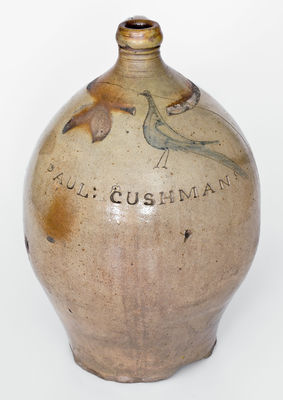 Very Rare Paul Cushman (Albany, NY) Stoneware Jug w/ Incised Bird Decoration, c1810