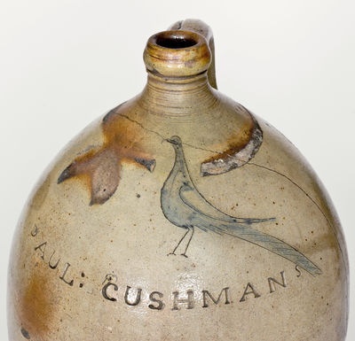 Very Rare Paul Cushman (Albany, NY) Stoneware Jug w/ Incised Bird Decoration, c1810