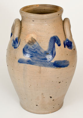 Unusual Two-Gallon Stoneware Jar w/ Swan Decoration, possibly Albany, early 19th century