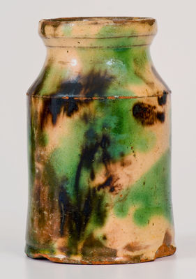 Rare Multi-Glazed Redware Canister, attrib. S. Bell & Sons or J. Eberly & Co., Strasburg, VA, c1890